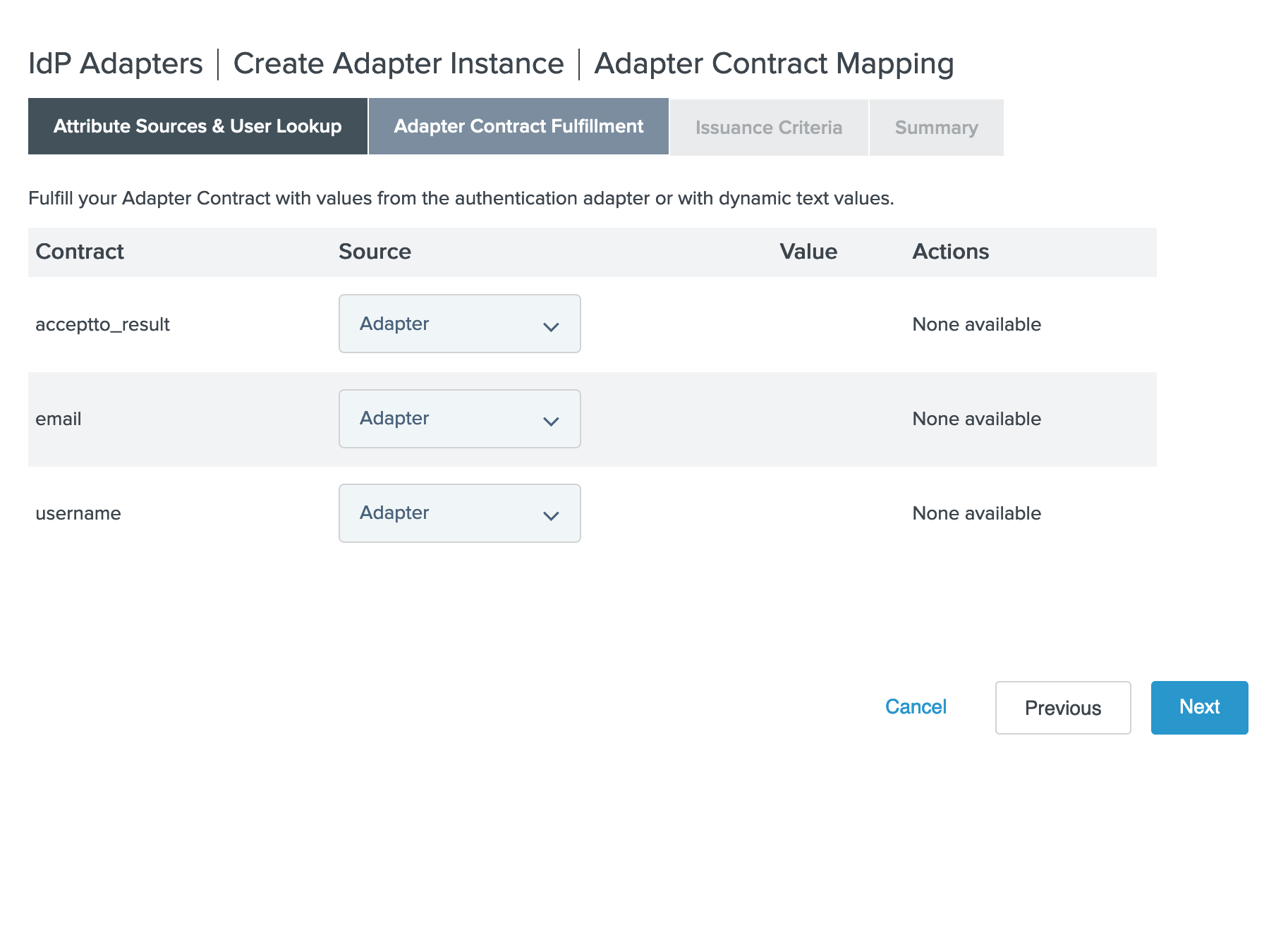 IdP Adapters | Create Adapter Instance | Adapter Contract Mapping - Adapter Contract Fulfillment