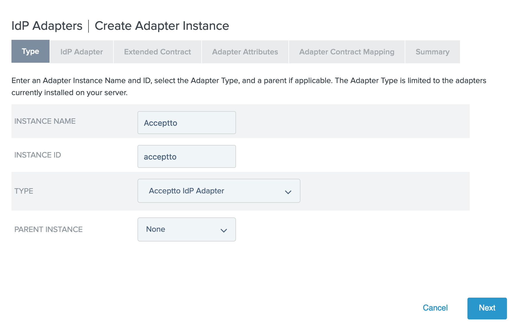 IdP Adapters | Create Adapter Instance - Type
