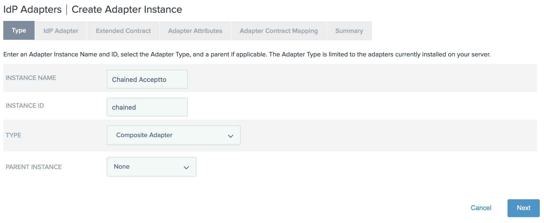IdP Adapters | Create Adapter Instance - Type