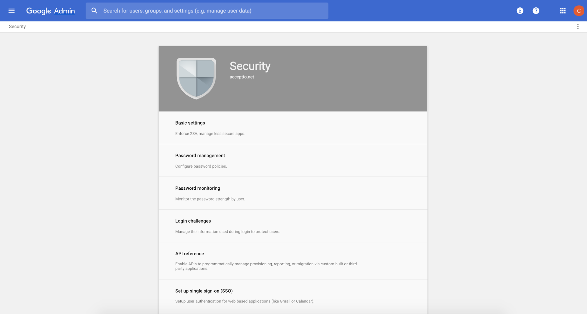 Google Admin security settings