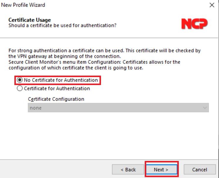 NCP certificate usage