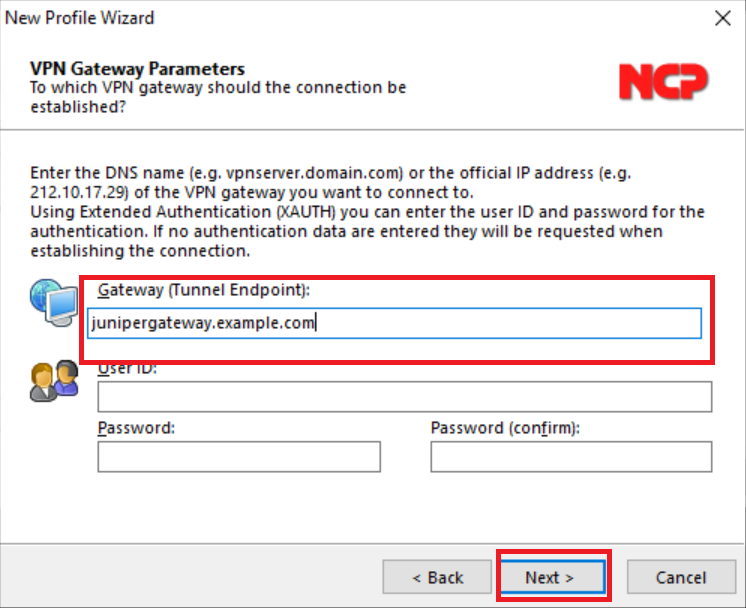 NCP VPN gateway parameters