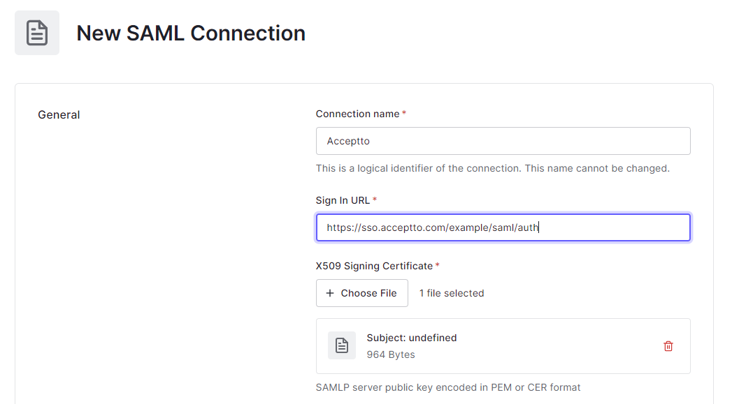 Auth0 new SAML connection