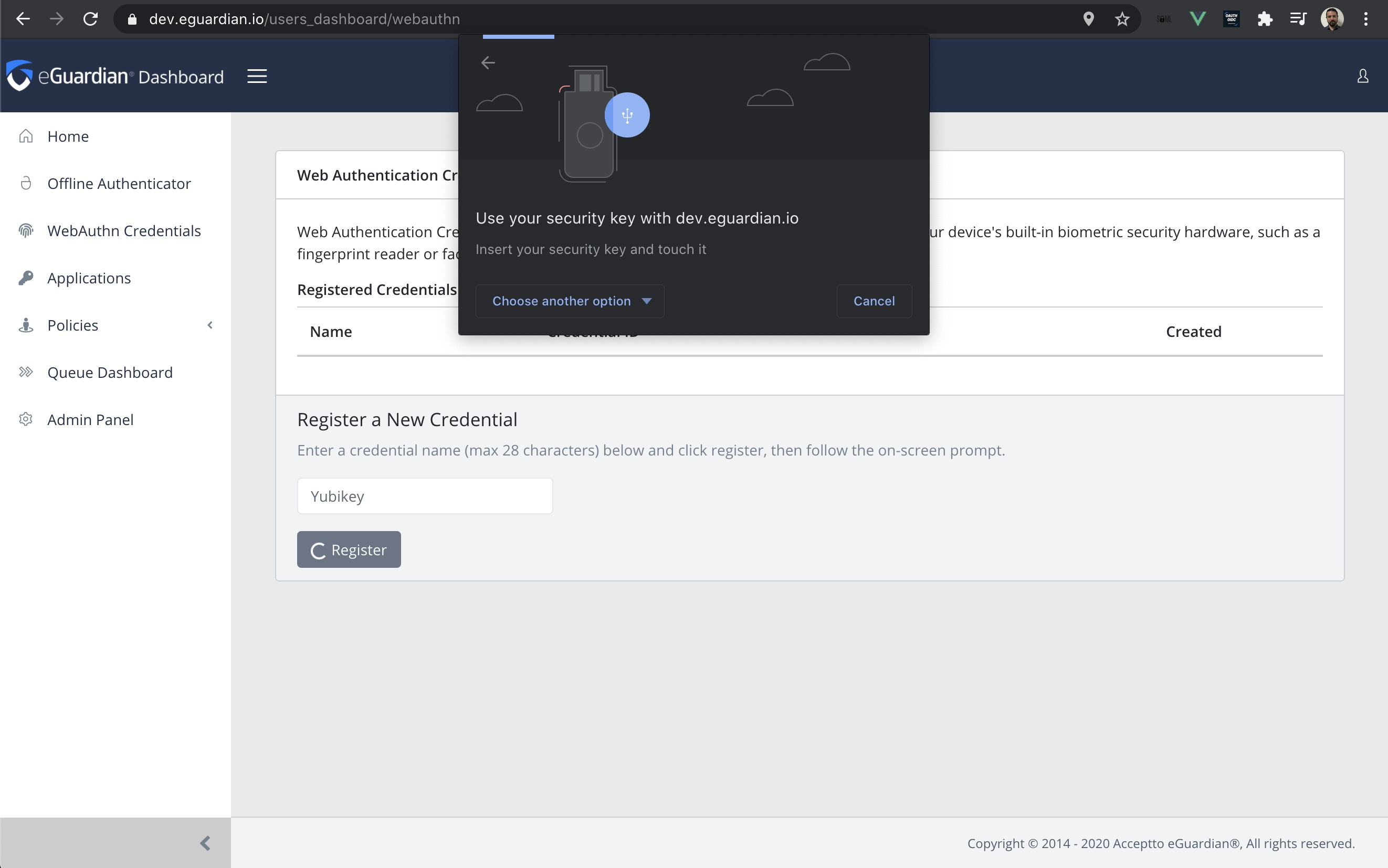 WebAuth Registration Screenshot