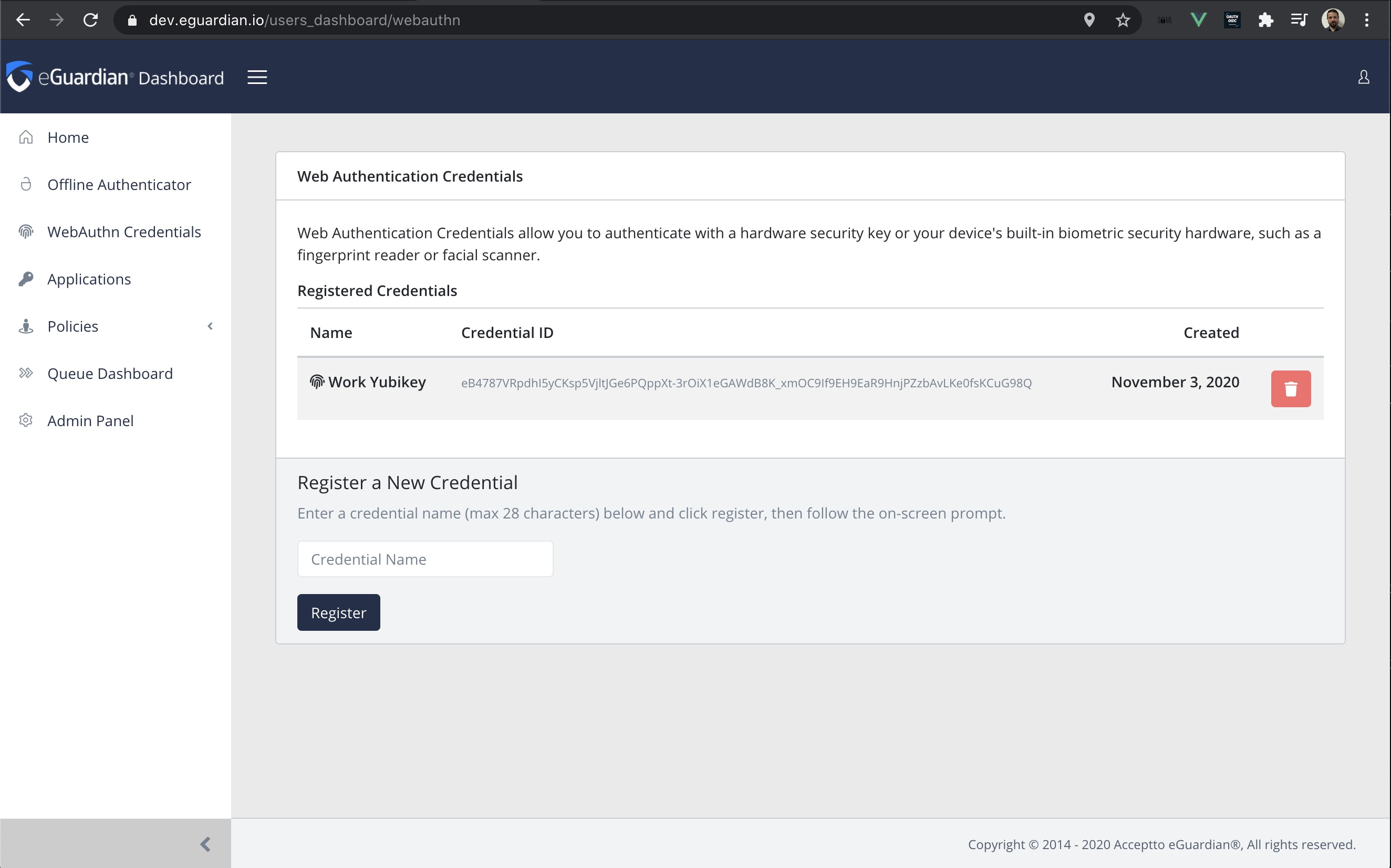 WebAuth Registration Success Screenshot